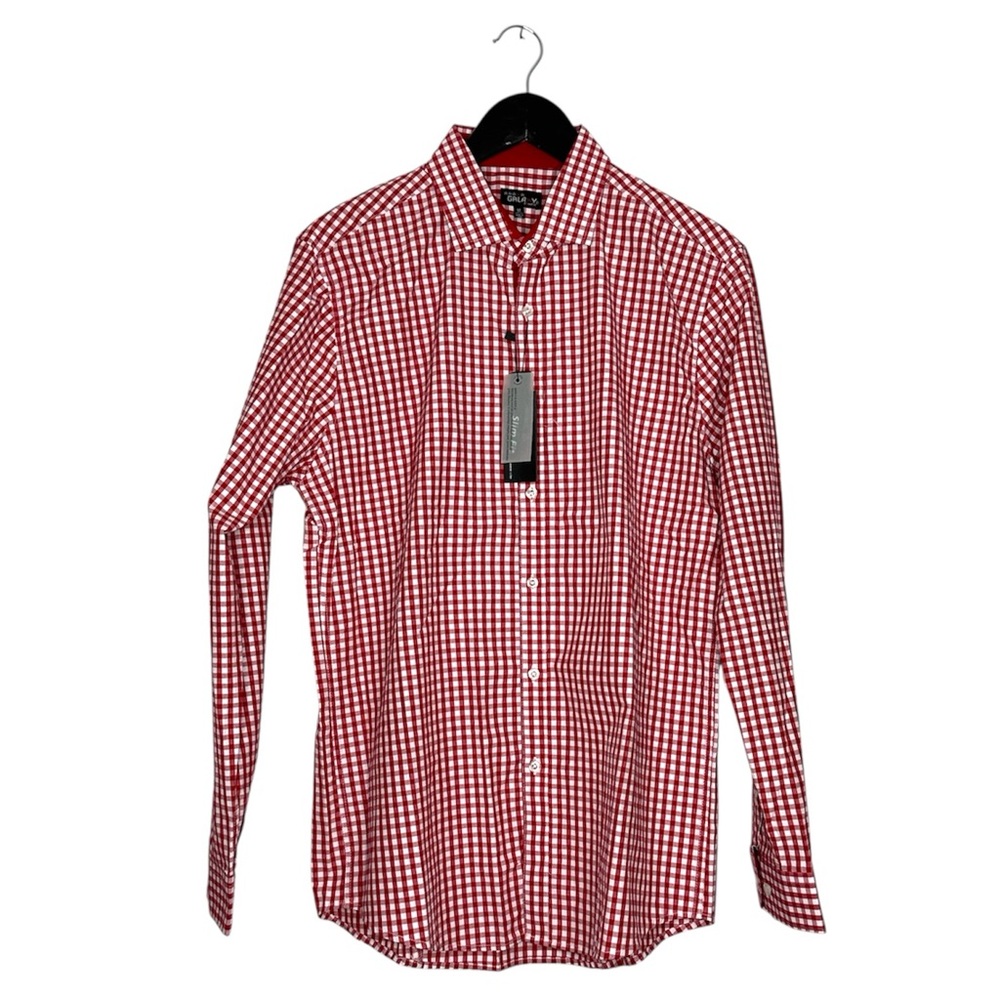 NWT Galaxy by Harvic Burgundy Red Gingham Slim Fit Button-Down Shirt Mens Medium
